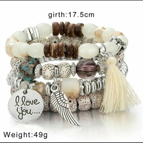 SET/ 4 Chic Beaded Boho Hippie Bracelets Cream - Picture 9 of 9